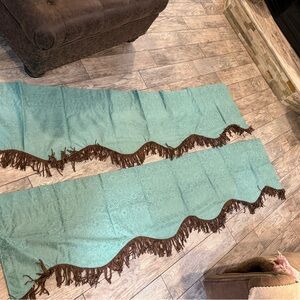 Cheyenne Turquoise Rustic Window Valences with Brown Fringe.